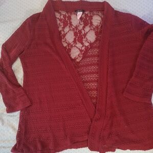 deb womens 1X red open knit cardigan duster Lightweight Spring vintage